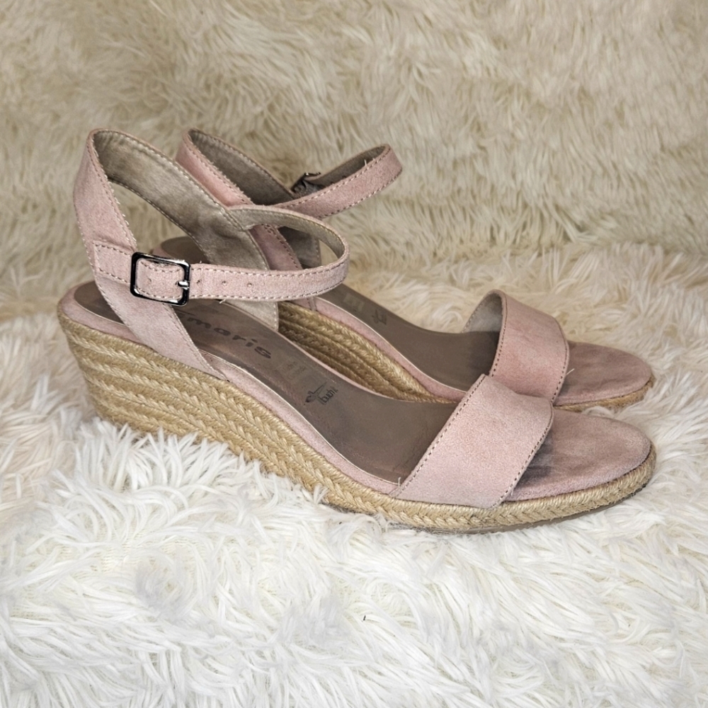 Tamaris Light Pink Suede Wedge Espadrilles Size 40